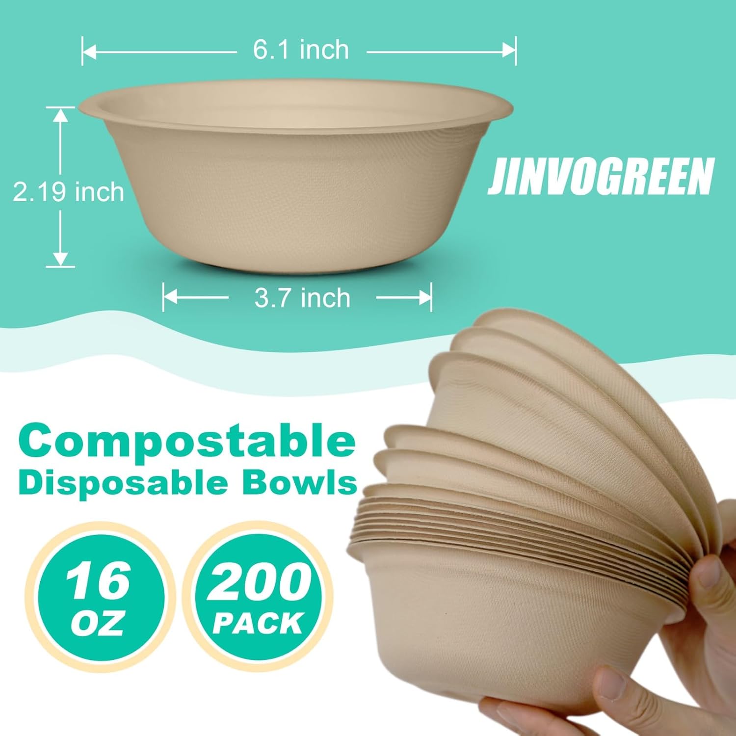 200 Count 16 oz Paper Bowls, Disposable Compostable Bowls, Heavy Duty Biodegradable Sugarcane Bagasse Bowl for Breakfast, Salad, Fruits, Desserts, Natural - Image 3