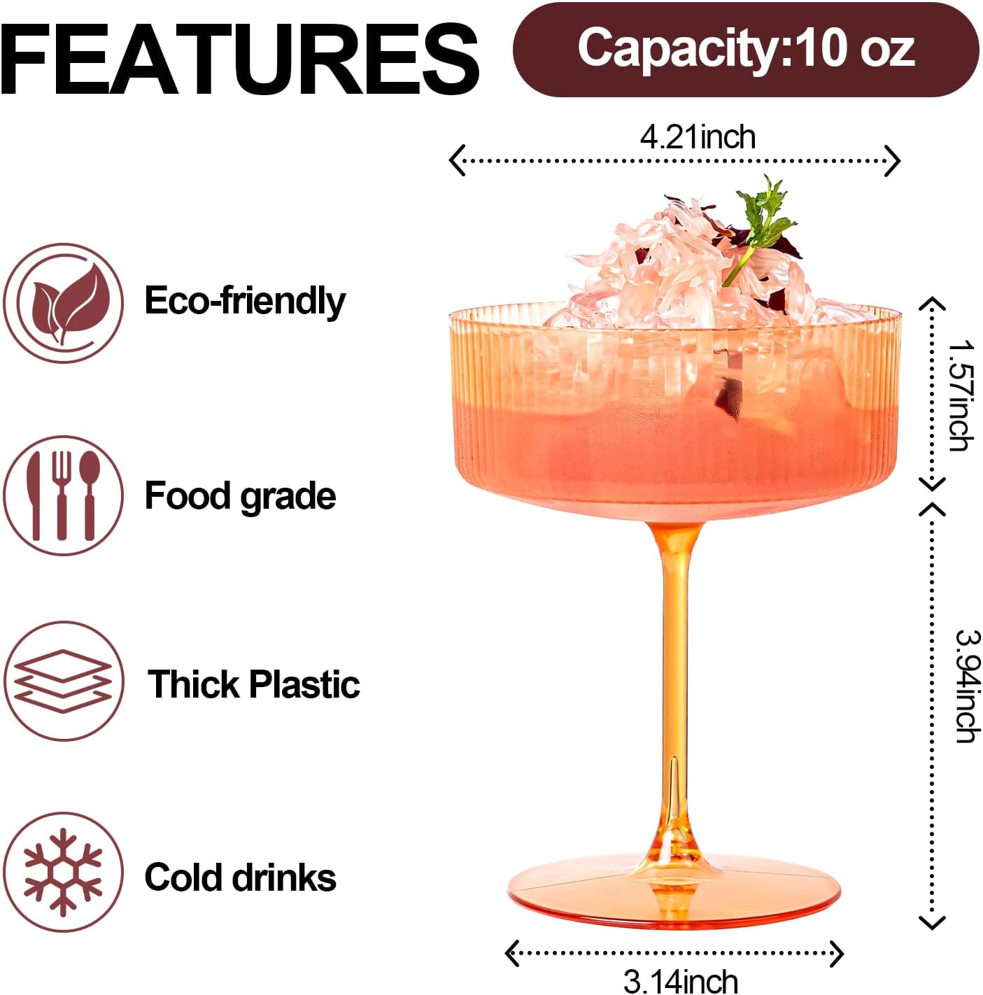 Ciaell 12PCS Plastic Ribbed Martini Glasses - 10 Oz Amber Disposable Coupe Glasses with Stem - Heavy Duty Margarita Cups for Bars, Cocktails, Whiskey, Parties & Wedding
