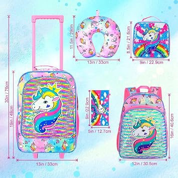 AGSDON 5 Piece Kids Luggage Set for Girls, Cute Rolling Wheels Suitcase for Toddler, Children Travel Carry on Suitcase - unicorn
