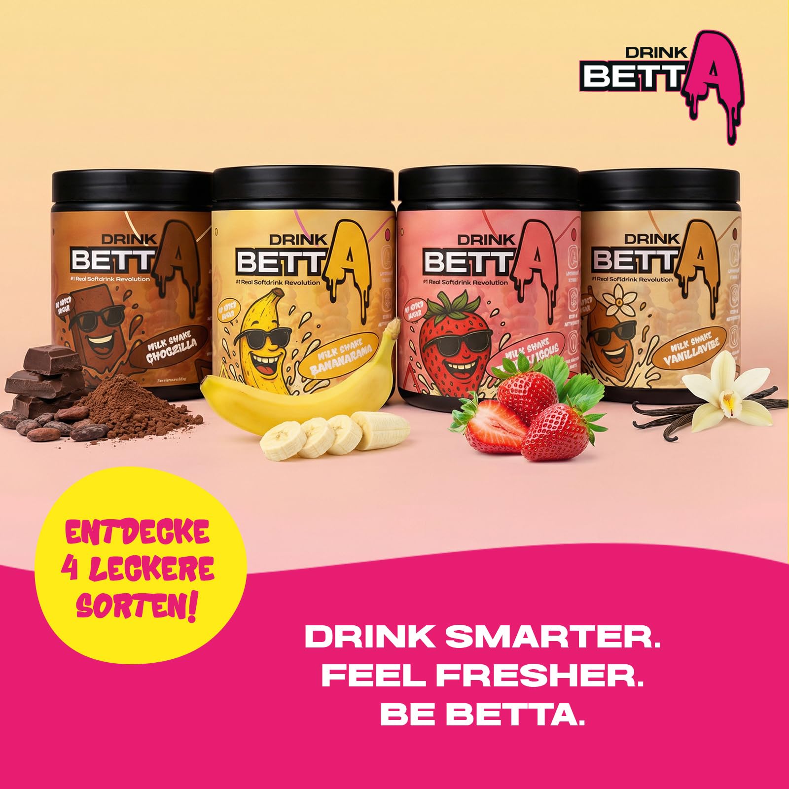 Drink Betta Milk Shake Bananarama - zuckerfreies Getränkepulver für Bananen-Milchshake - 50 Portionen - extra cremig, kalorienarm & mit liposomalem Vitamin C - 350 g