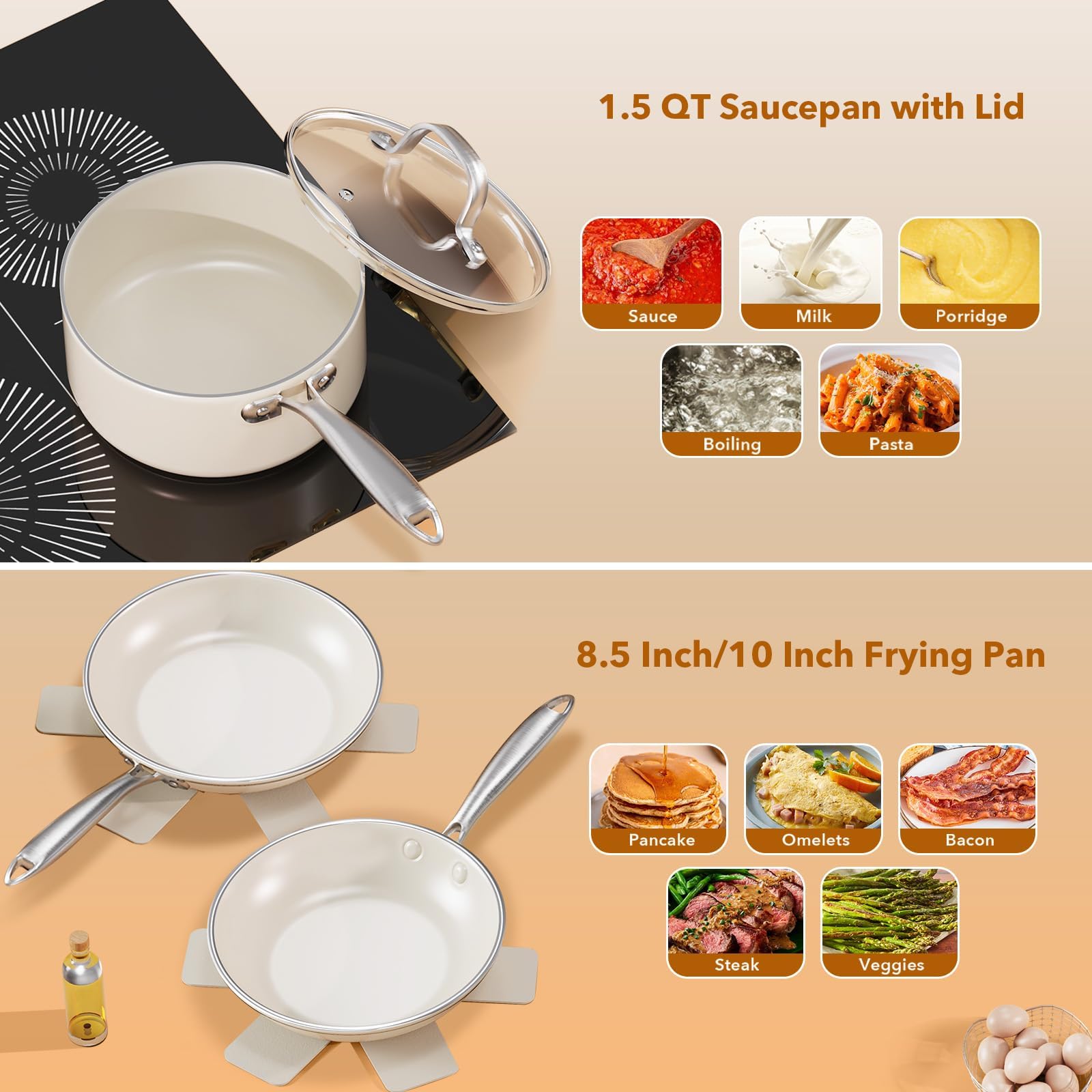 PekGema Set di pentole e padelle in ceramica, 16 pezzi, non tossico, antiaderente, set di padelle da cucina sicure in forno, senza PFAS PTFE PFOA, compatibile con tutti i piani cottura, manico