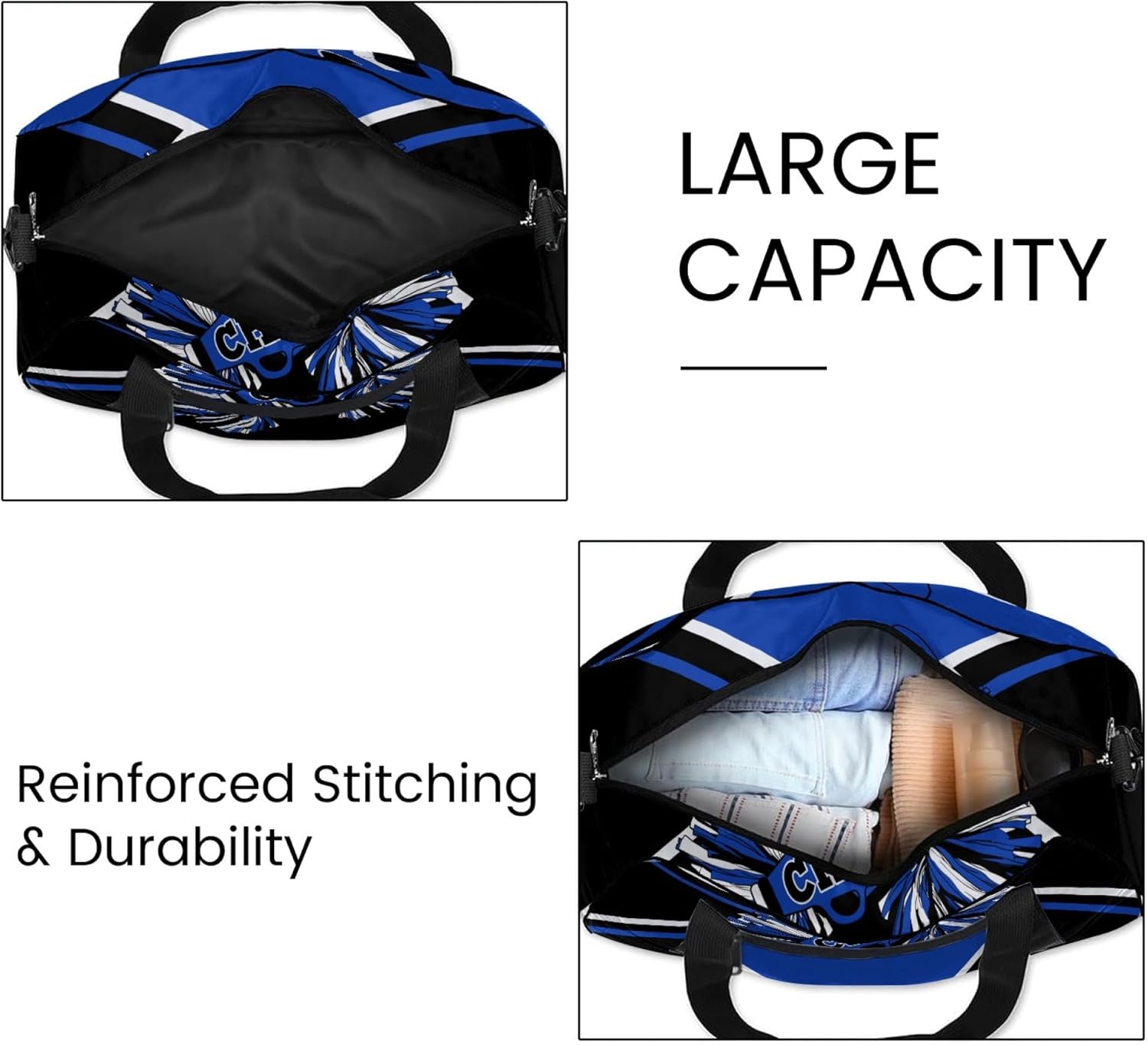 Personalized Cheerleader Duffle Bag with Name Custom Gym Travel Sports Bag for Women Cheer Team (Blue&White&Black)