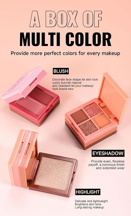 Three in One Face Makeup Plate Eyes Shadow, Powder Blusher, High Gloss Multi-function Makeup Set Matte Pearl Makeup Effect (01)