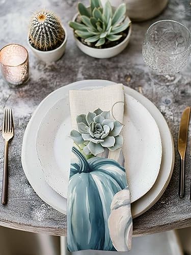 Miniatura 9 de Servilleta de tela, servilletas de lino absorbentes con diseño floral de calabaza blanca y azul, reutilizables, lavables, para Acción de Gracias,