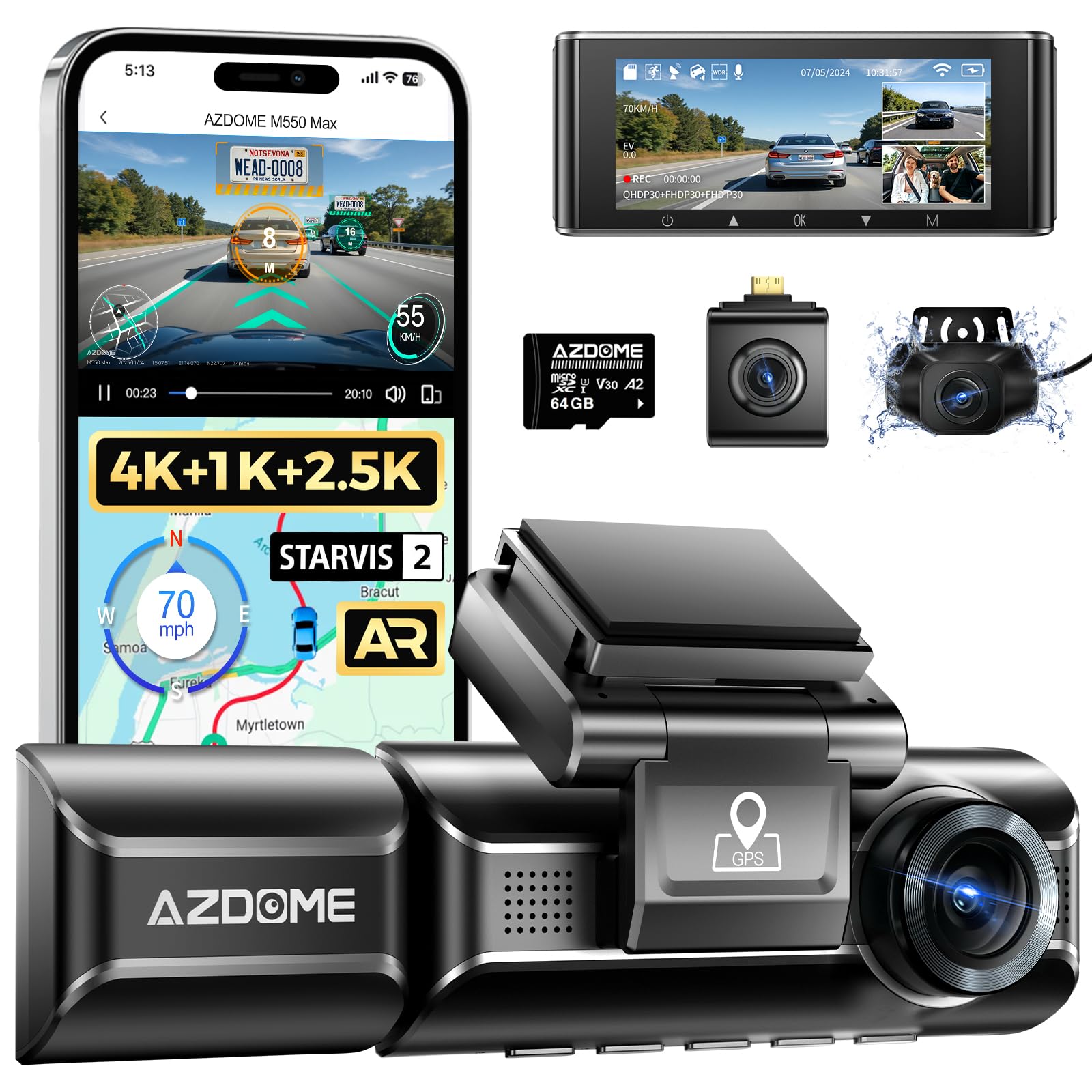 GKU 4K dashcam auto, dashcam auto voor, mini-autocamera met geïntegreerde wifi, 170° groothoek, nachtzicht, WDR, 24H parkeerbewaking, loopopname, G-sensor, dashcam voorzijde inclusief 64 GB SD-kaart