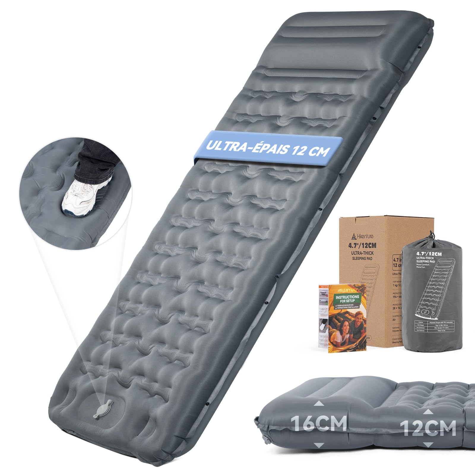 Matelas Camping Autogonflant 1 Personne 12 cm HIKENTURE avec Oreiller Intégré et Pompe à Pied - Gris