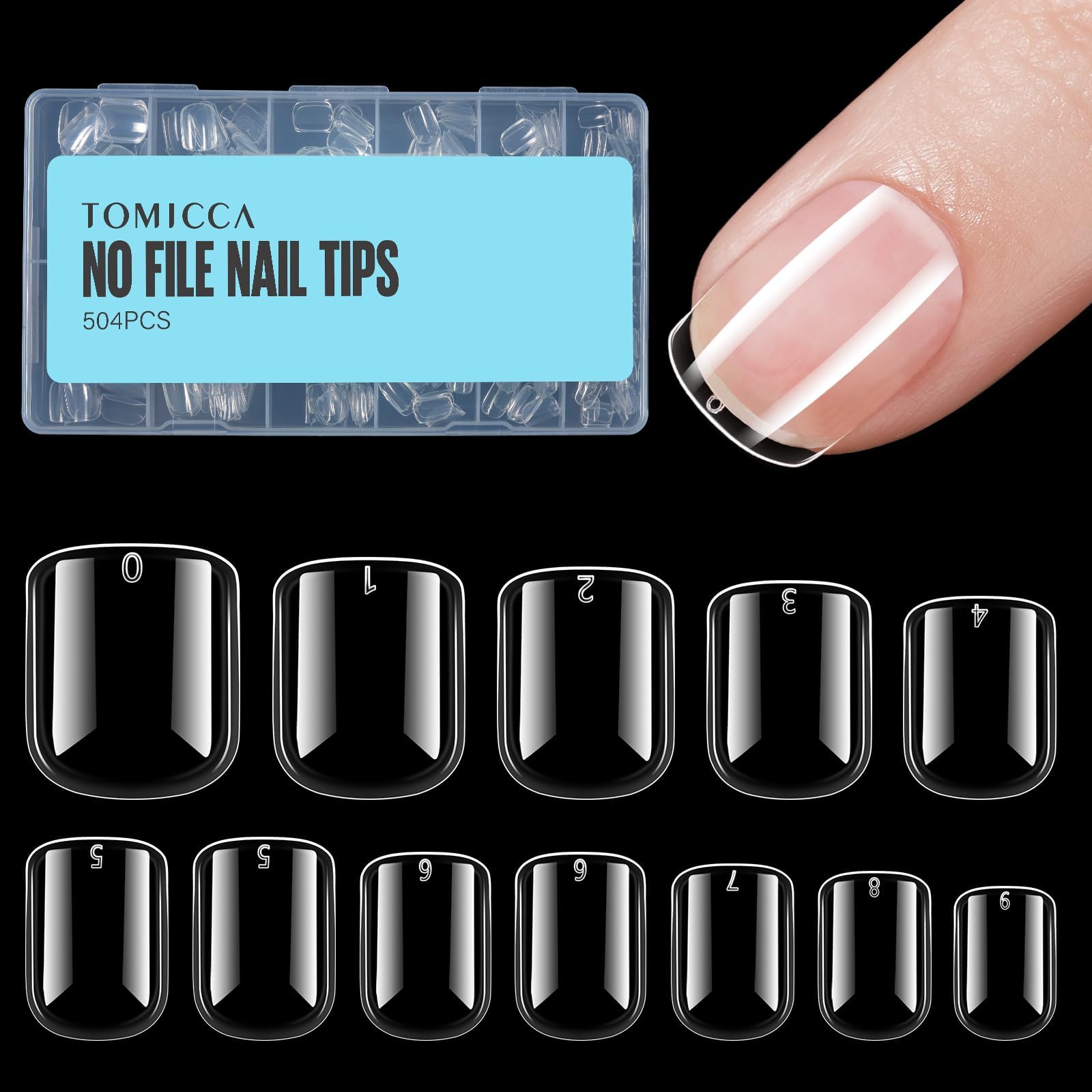 TOMICCA504Pcs Acrylic Fake Nail Tips, Extra Short Square Press on Nails, 10 Sizes Full Cover Clear Natural Gel Nail Tips for Women and Girls DIY Nail Salon