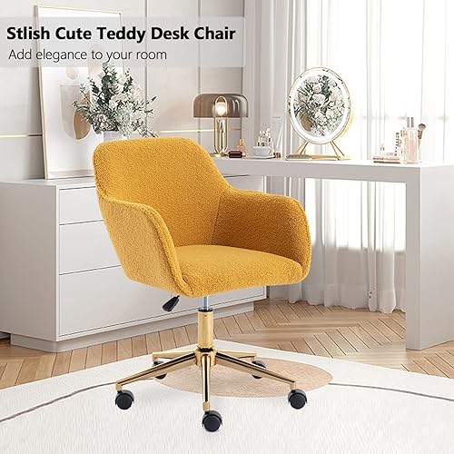 Miniatura 7 de Silla moderna de terciopelo para oficina en casa, silla de escritorio tapizada con respaldo copetudo tejido y patas de metal dorado, silla giratoria