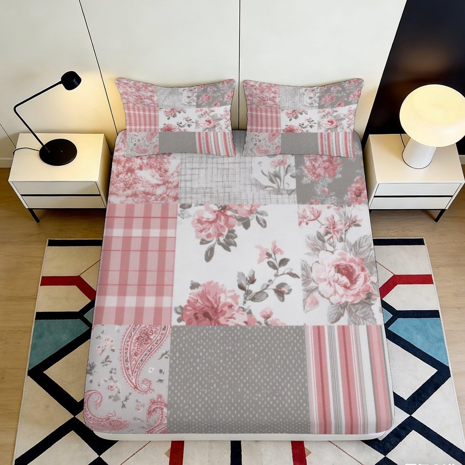 Pnayamiorkfel Style-2 3D Printed Pink Floral Patchwork Fitted Sheet Microfiber Soft Breathable Paisley Bed Cover For Bedroom Guest Room Decor 90X200x25cm