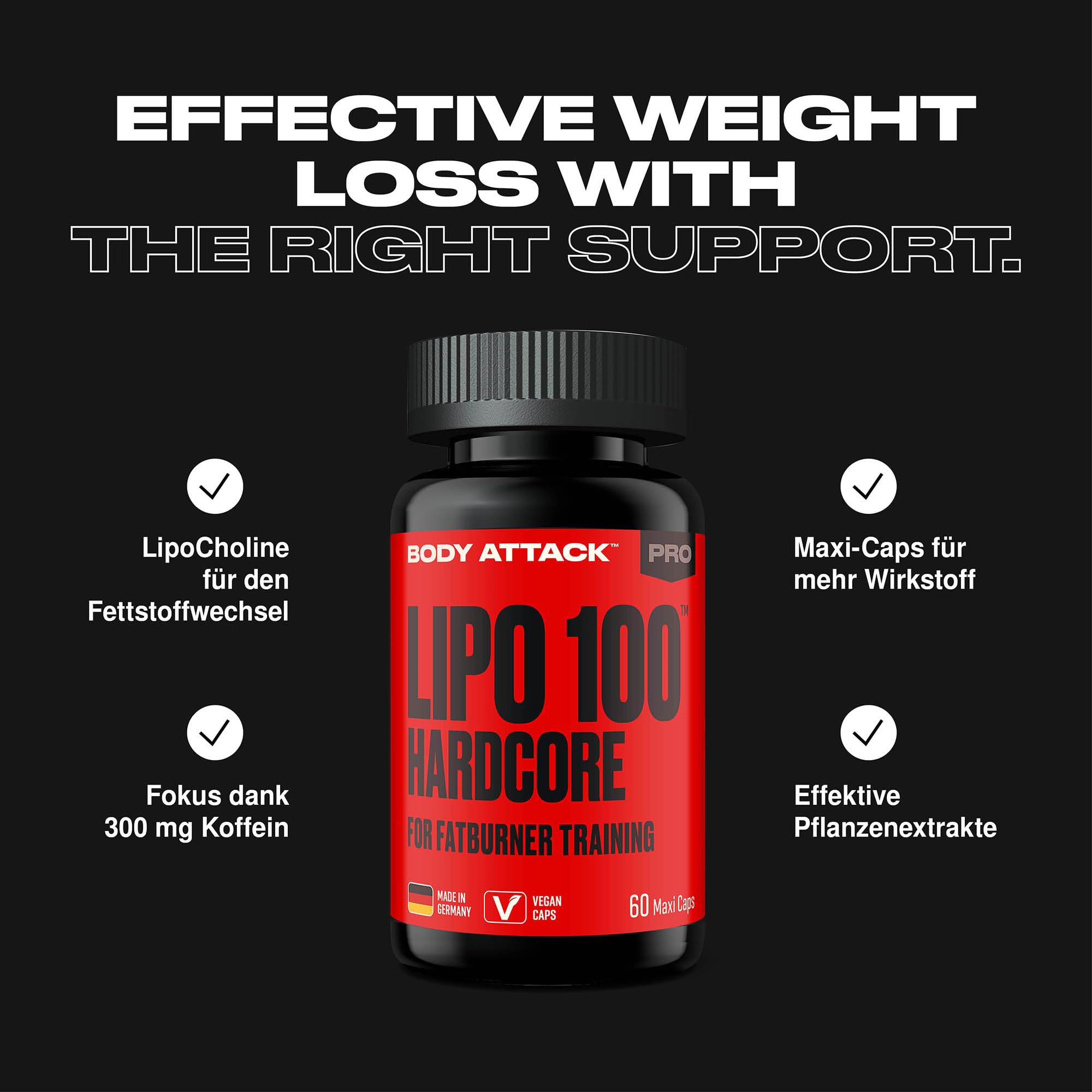 Body Attack LIPO 100 Hardcore – Fatburner-Training Kapseln mit Koffein, Grüntee & Grünkaffee Extrakt – Thermogener Diät Booster für Fitness & Training – Made in Germany – 60 Caps