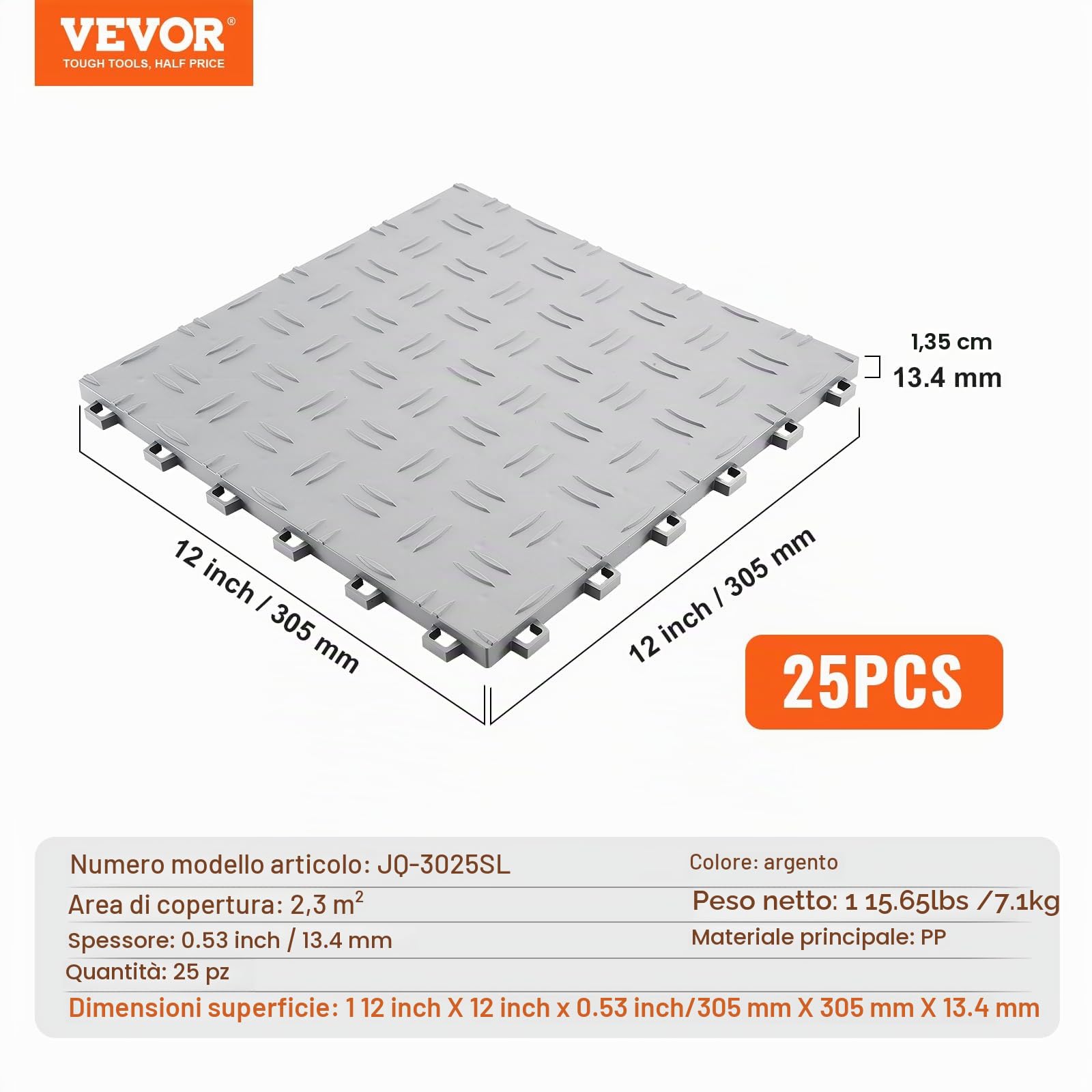 VEVOR Piastrelle per Garage ad Incastro, Confezione da 25, Piastrelle per Pavimentazione Garage in PP, 305 x 305 x 13,4 mm, Texture Antiscivolo su Entrambi i Lati, per Garage, Officine di Riparazione