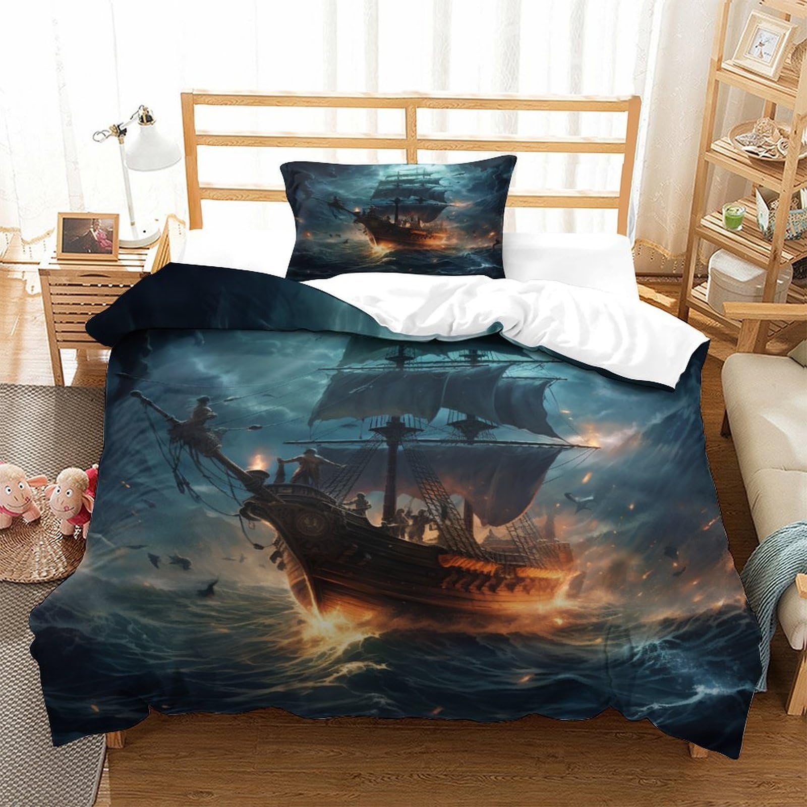 YYVKPMLXC Pirate Ship Duvet Cover, Bedding Set Fantasy Adventure 3D Pattern Soft Microfiber Quilt Cover 2 Piece, Comforter Cover with Zipper Closure for Kids Teens Adults Bedding Single（135x200cm）