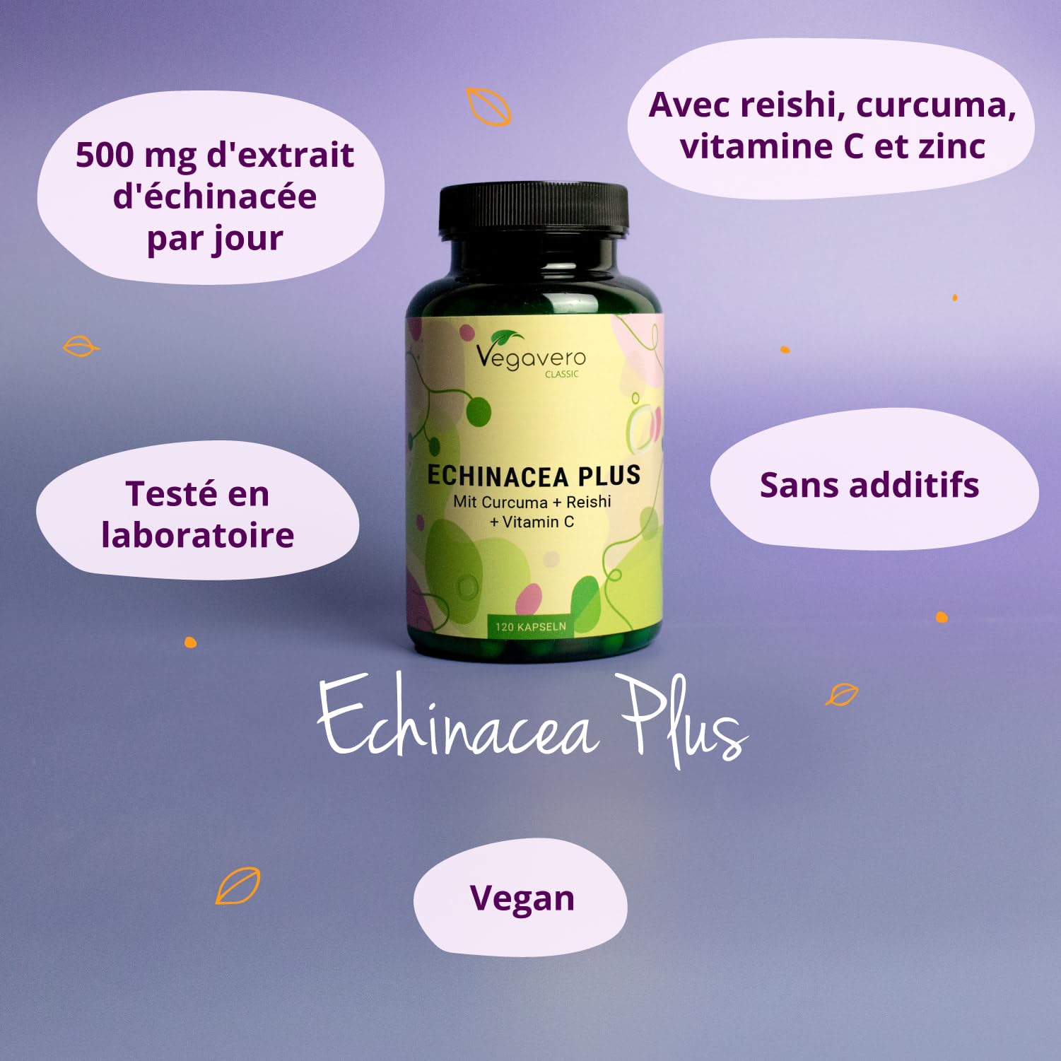 Complexe Échinacée Immunité | Avec Vitamine C, Reishi, Curcuma et Zinc | Sans Additifs & Vegan | 120 Gélules | Vegavero®