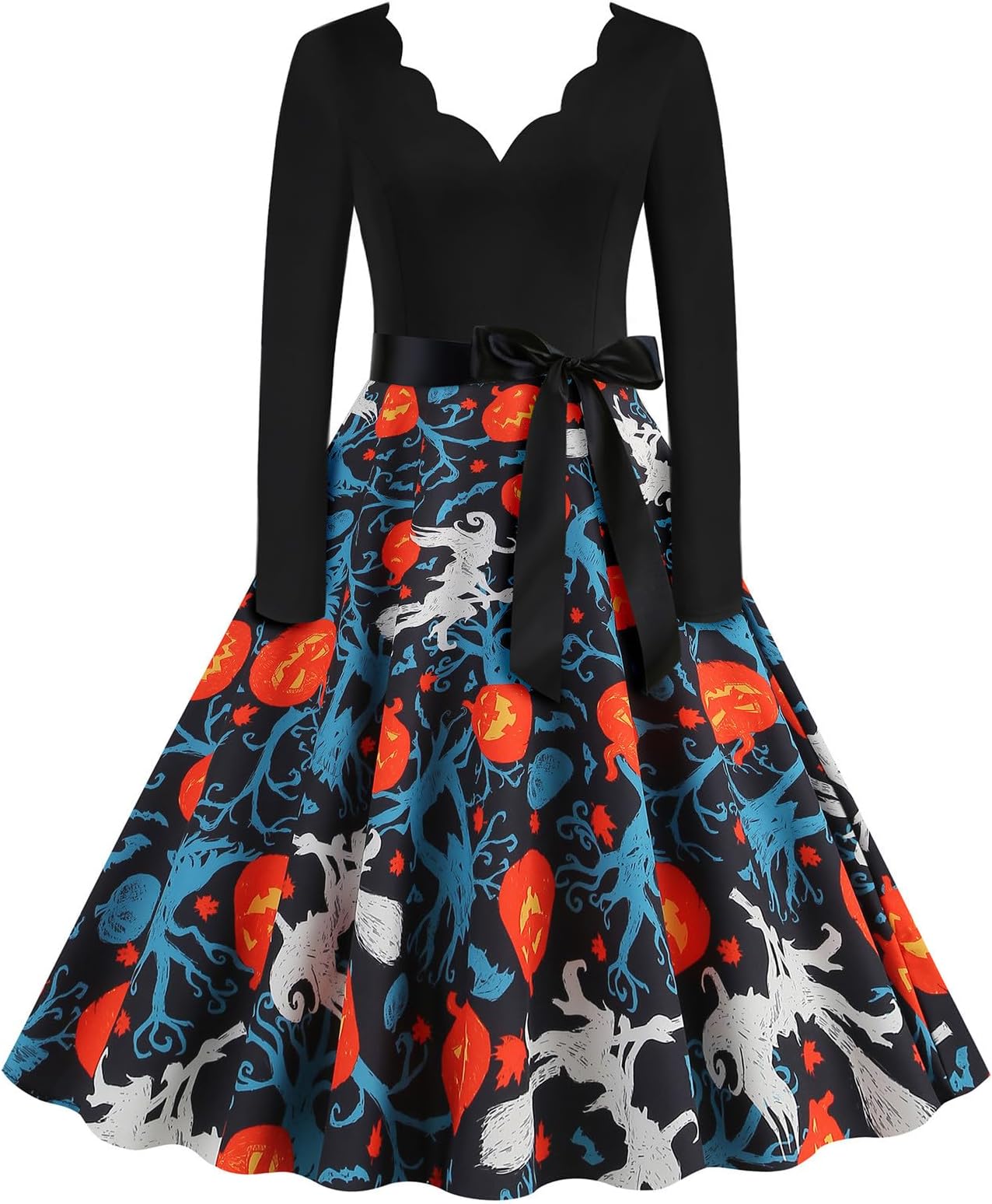 Halloween Costumes for Women Fit and Flare Dress Fall Fashion Vintage Long Sleeve Party Halloween Pattern Dress