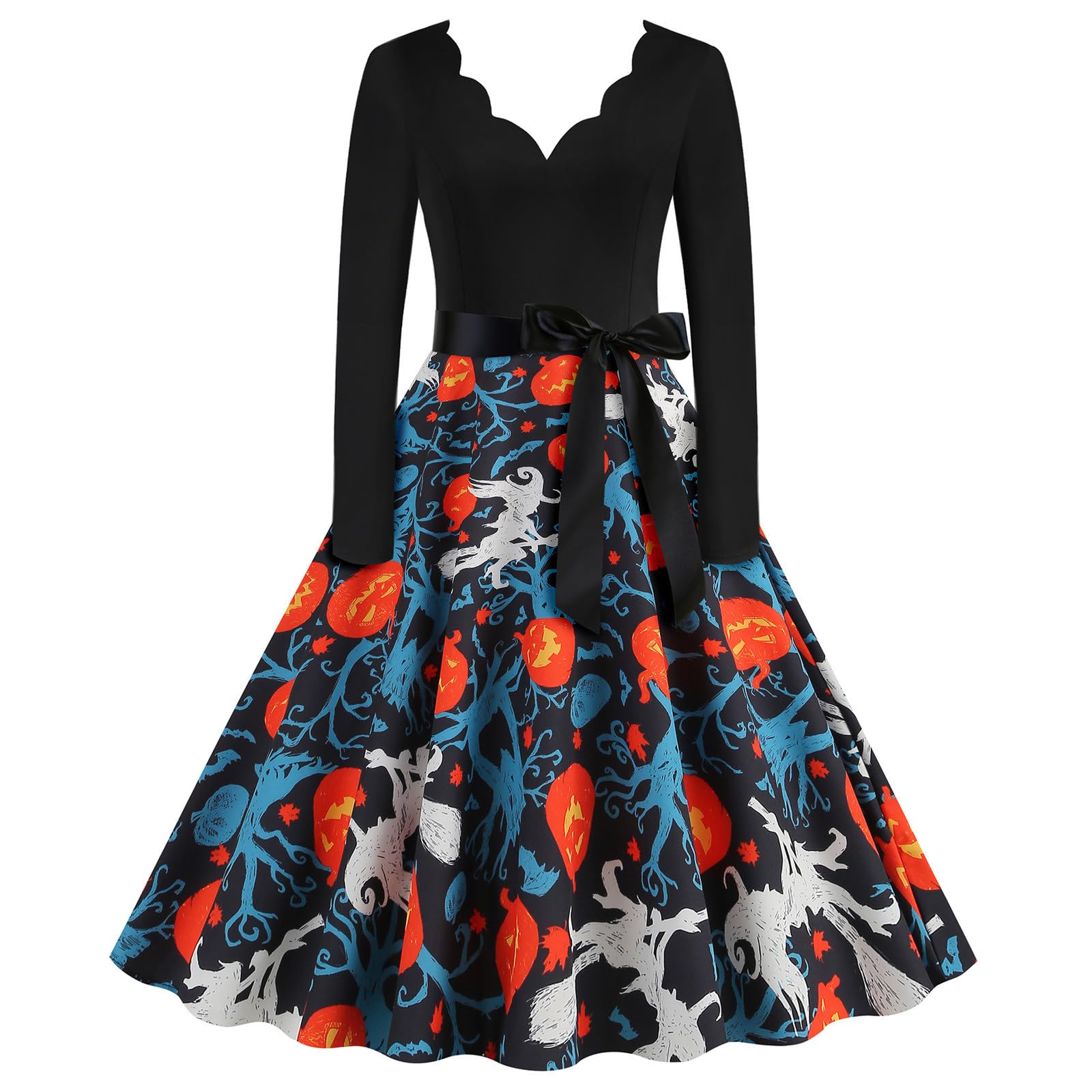 Halloween Costumes for Women Fit and Flare Dress Fall Fashion Vintage Long Sleeve Party Halloween Pattern Dress