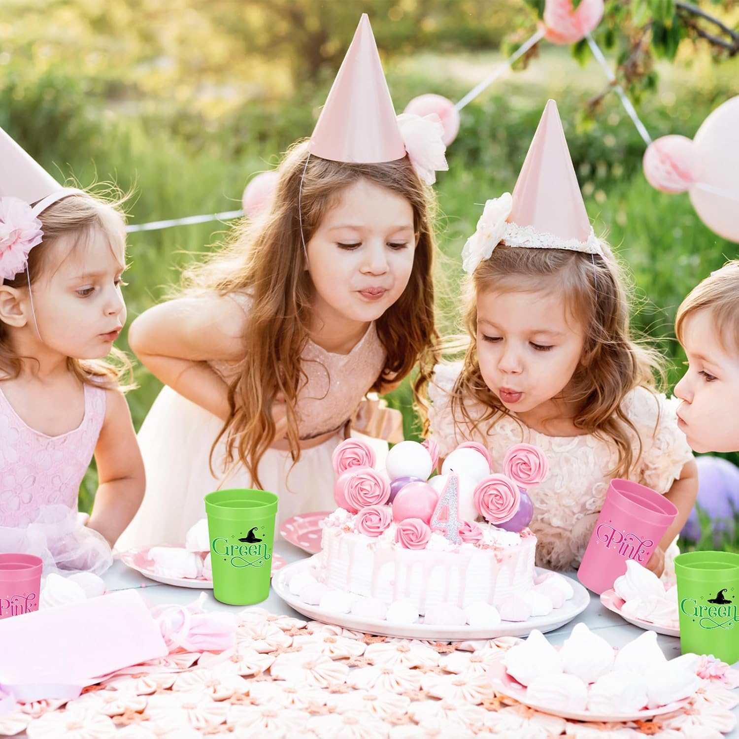 Qinyoung 48 Pcs Witch Party Decoration 16 oz Pink and Green Plastic Cups Reusable Drinking Tumblers Bulk for Witch and Princess Themed Birthday Party Favors Supplies - Image 3