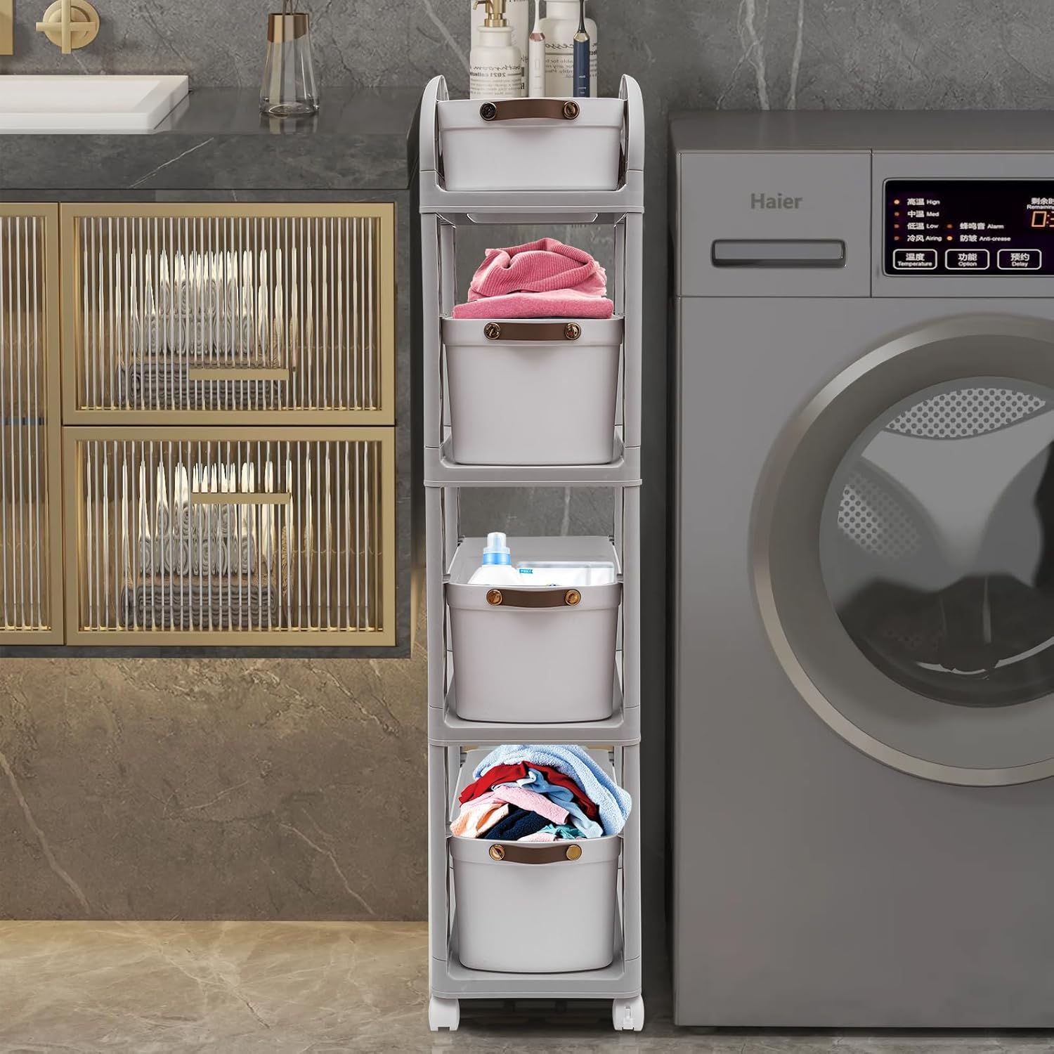 4-Drawer Rolling Storage Cart, Plastic Kitchen Storage Rack with Open Drawer and Pull-Out Handle for Bedrooms, Bathrooms, Kitchens, Grey