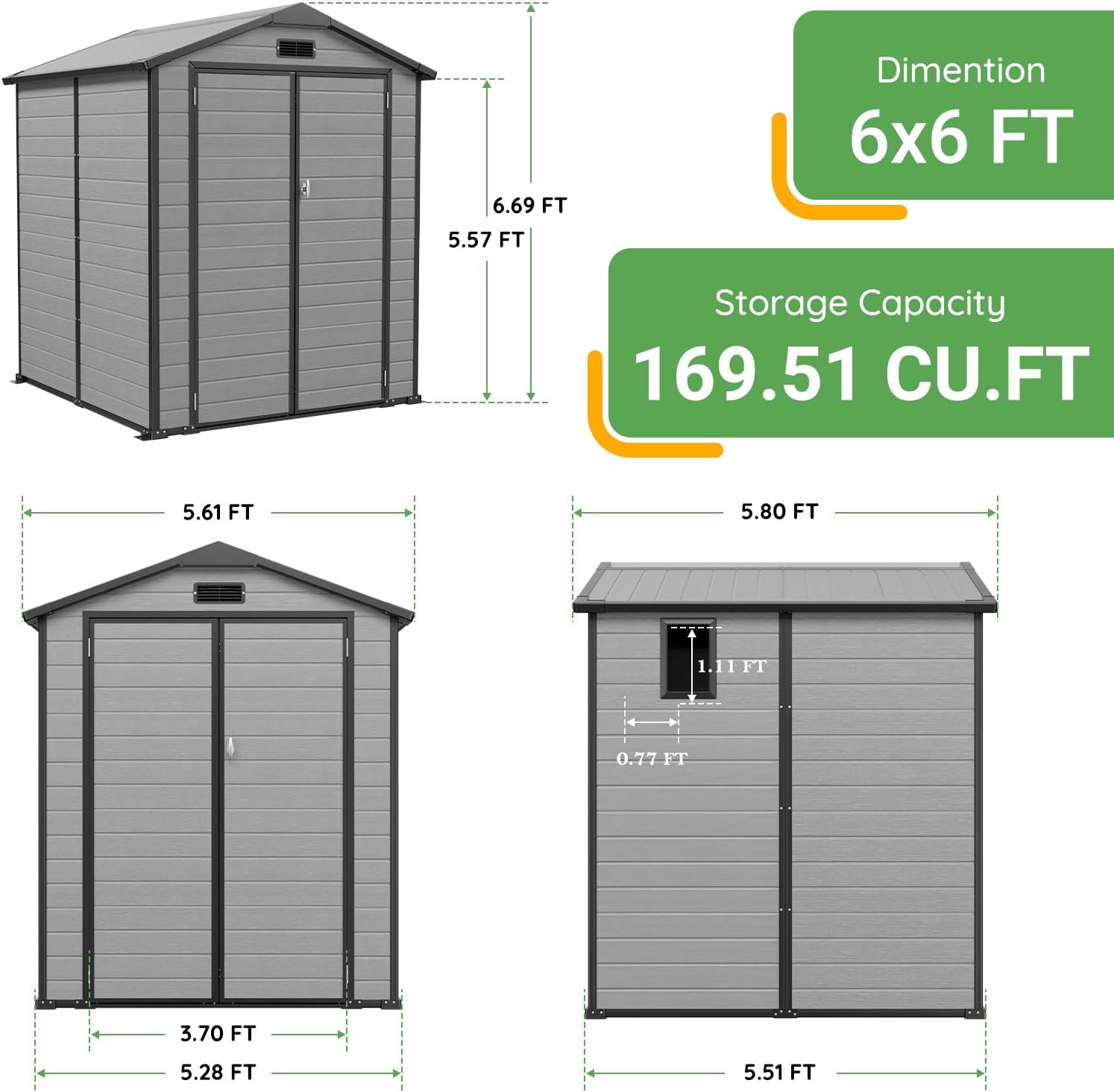 6x6 FT Plastic Outdoor Storage Shed with Floor, Spacious Backyard, Garden, Patio Resin Shed, Outside Sheds for Garden Tools, Bike, Organization and Storage Sheds, Grey & Black