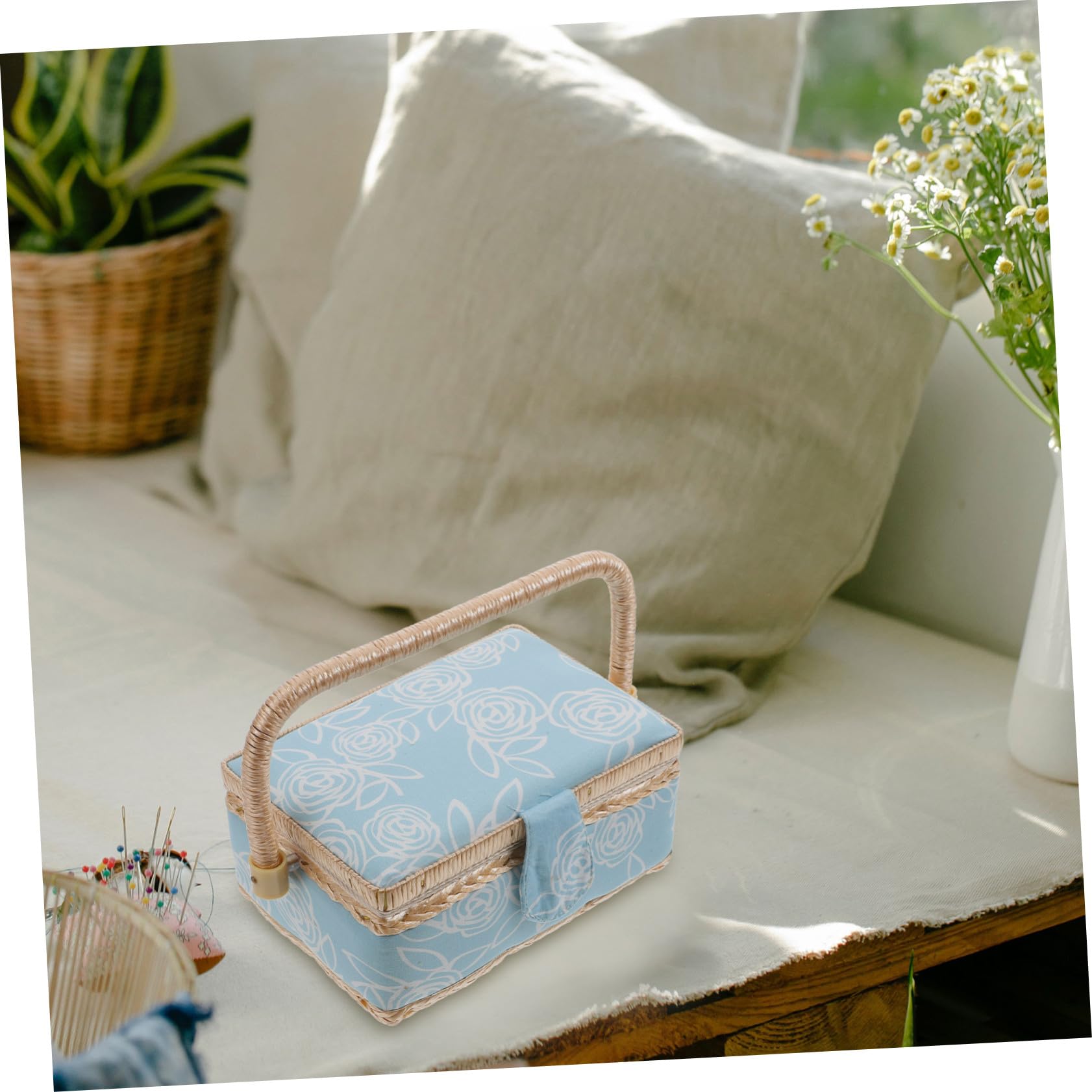 Caja de Costura Portátil Azul y Rosa con Compartimento Organizador Multiusos para Herramientas de Costura y Almacenamiento