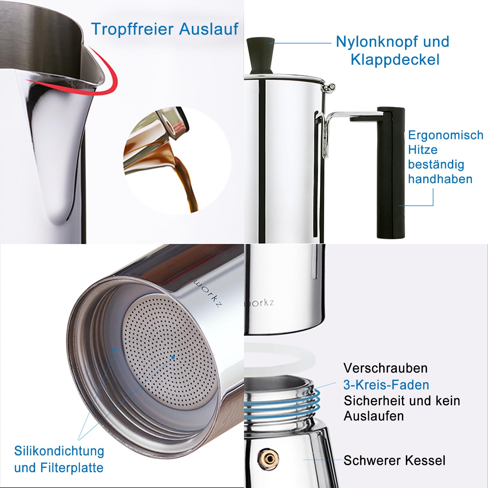 Easyworkz | Pedro Espressokocher aus Edelstahl | Espressotopf für Induktions-Gas und alle Herde | Mokkakanne für 6 Tassen 300ml | Silber