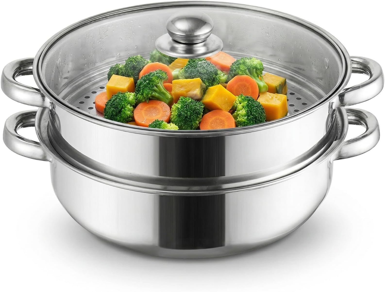 ZENFUN Steamer Pot With Lid 2 Tier, Multipurpose Stainless Steel Steaming Pot, Steam Pots With Handle For Vegetable, Dumpling, Food, 11 Inch（Thickened）