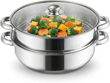 ZENFUN Steamer Pot With Lid 2 Tier, Multipurpose Stainless Steel Steaming Pot, Steam Pots With Handle For Vegetable, Dumpling, Food, 11 InchThickened