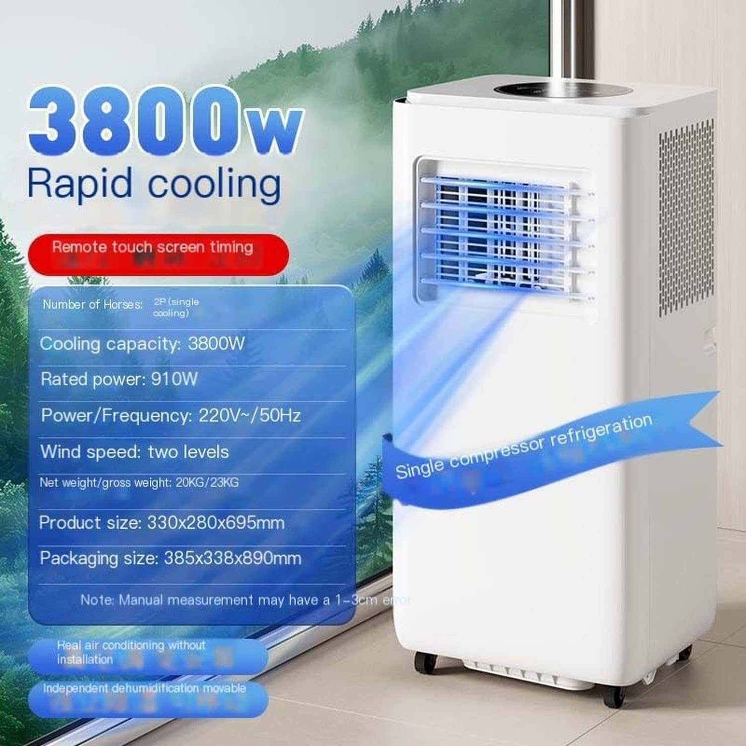 Przenośny klimatyzator 12000 BTU, mobilna klimatyzacja wolnostojąca, tryb nocny, 3 biegi wentylatora, zestaw okienny do montażu w pomieszczeniach, Style 2, 13000 BTU