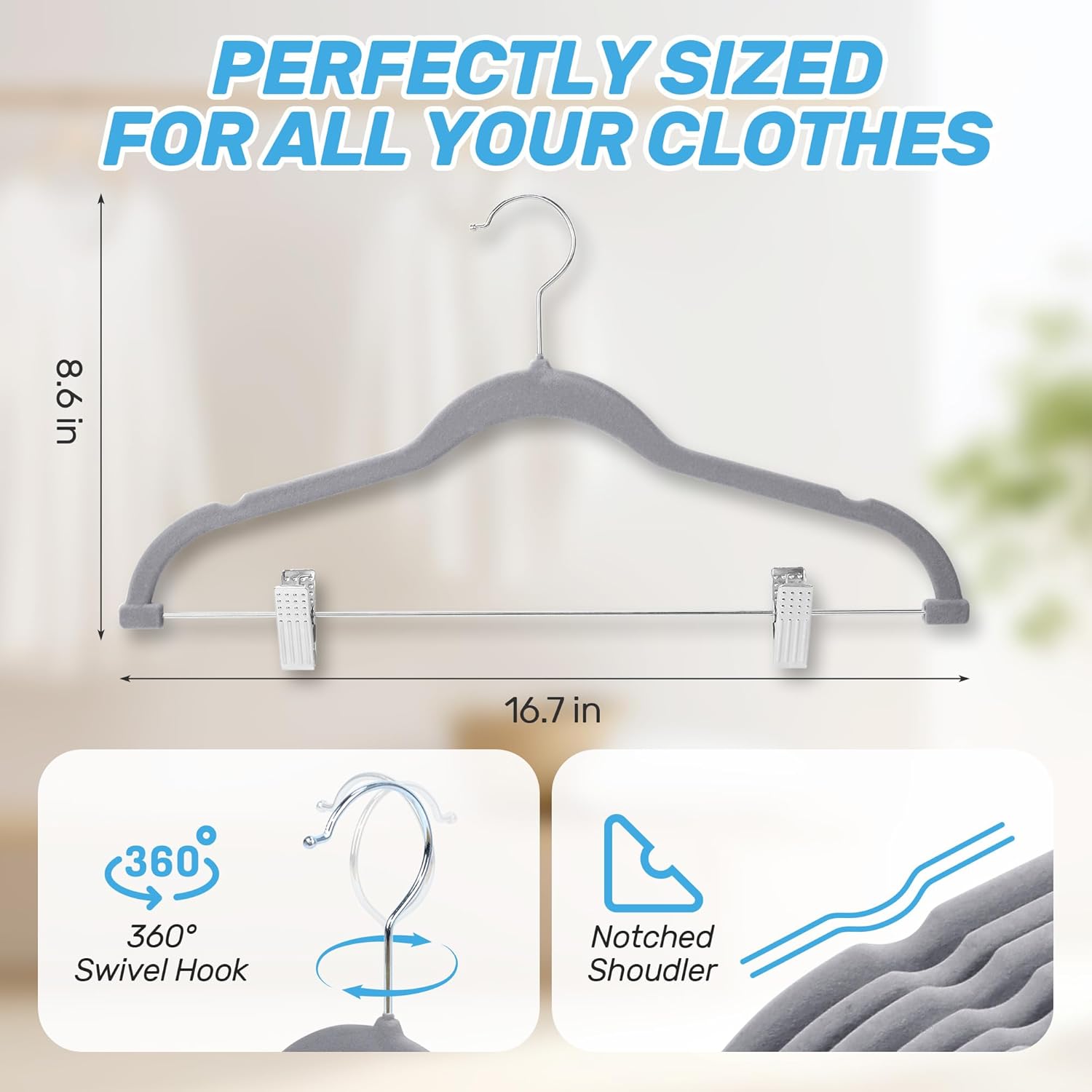 Velvet Pants Hangers 20 Pack with Adjustable Clips, Space-Saving Slim Flocked Hangers, Heavy Duty & Non-Slip Felt Clothes Hangers for Pants, Skirts, Dresses, and Jeans(Grey) - Image 6