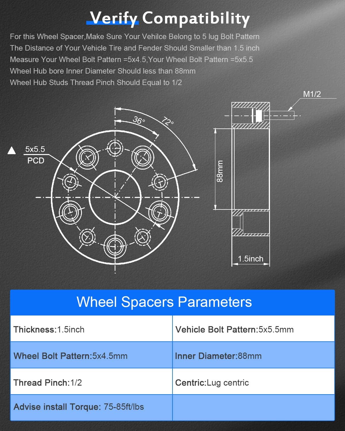 ECCPP 2PCS 1.5 inch 5 Lug Conversion Wheel Adapters change bolt pattern from 5x5.5 to 5x4.5 fits for Ford Bronco 1966-1996| for Ford F-150 1987-1996-Only Work with 5x4.5 Wheels