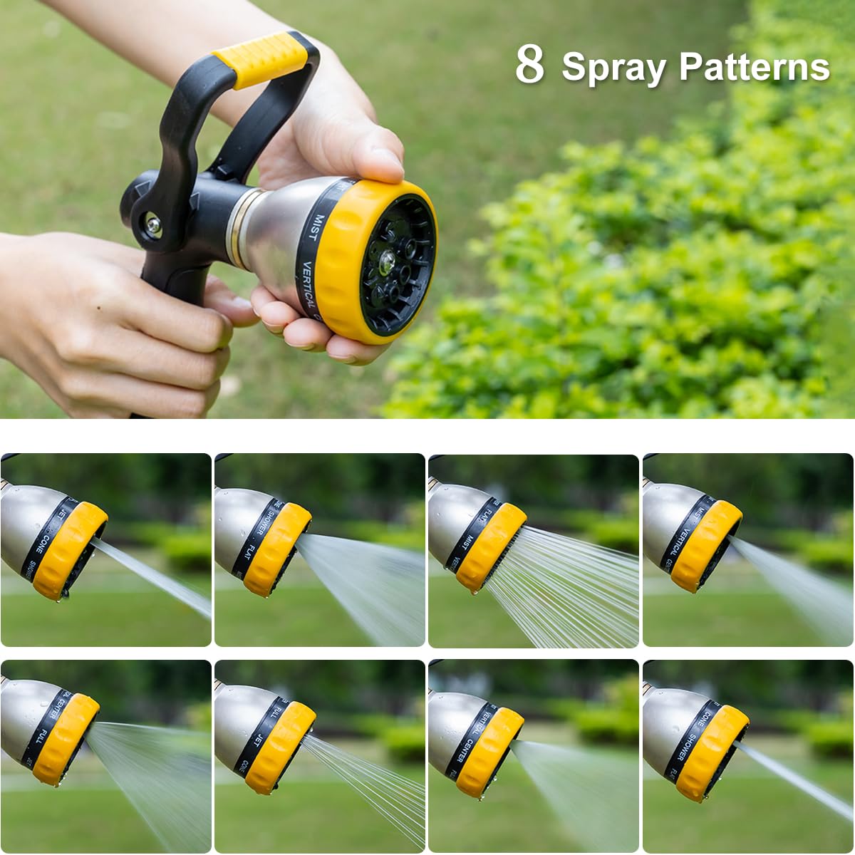 FANHAO Pistolet arrosage style pompier du jardin 8 modèles réglables, metal pulvérisateur multifonctionnel avec débit d'eau contrôlable, lavage de voiture, nettoyage de cour-Jaune