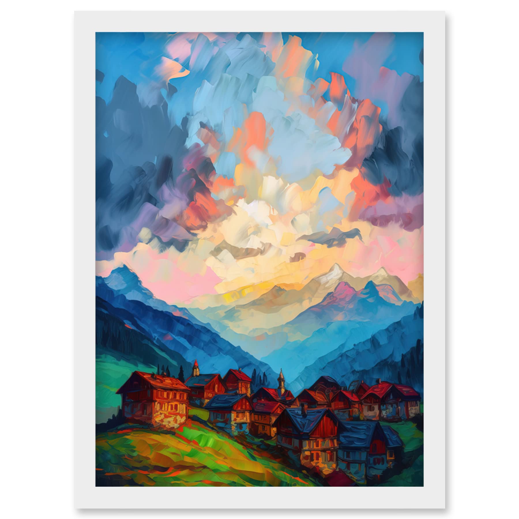 Watercolour Painting - Atmospheric Clouds at Dawn Over Alps Village Houses - Framed Wall Art Print A4