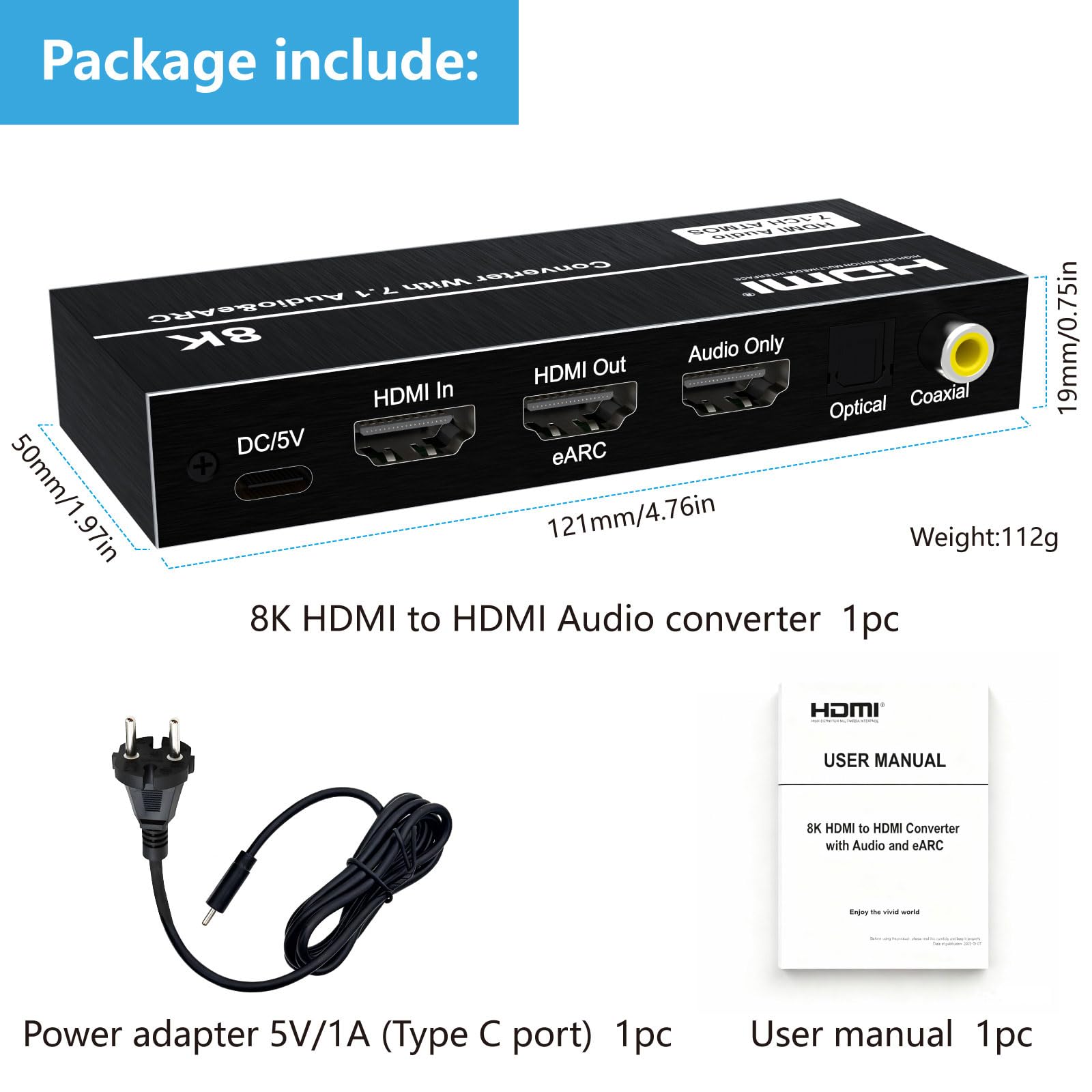 Estrattore audio HDMI 8K con eARC, 4K@120Hz 144Hz, 40Gbps HDMI 2.1, Dolby Atmos/DTS:X, ottico/coassiale/uscita audio da 3,5 mm per PS5, Xbox Series X/S, PC, home theater