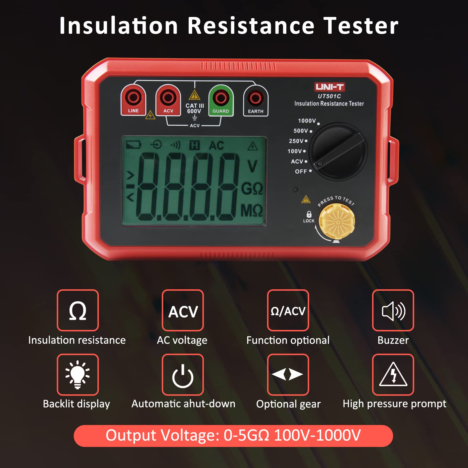 UNI-T UT501C Testeur de Résistance d'Isolation 1000V 5GΩ, Mégohmmètre Numérique Testeur d'Isolation Gamme Automatique avec Rétroéclairage