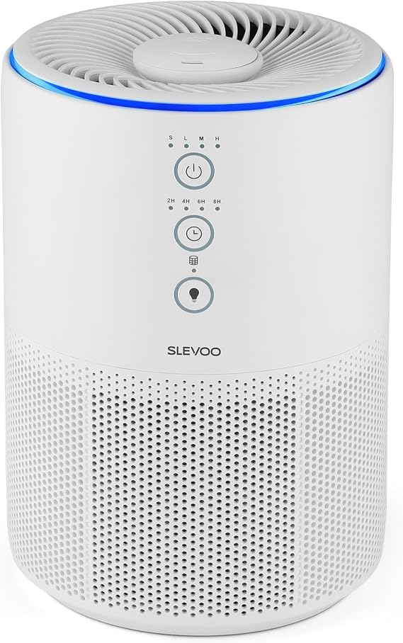 Air Purifier for Home & Bedroom, Quiet HEPA Filter for Smoke, Pet Dander, Odours with Fragrance Sponge & 4 Speed for Sleep, 4 × Replacement pre-filters for Bedroom Office, Blue Ambient Light (White)