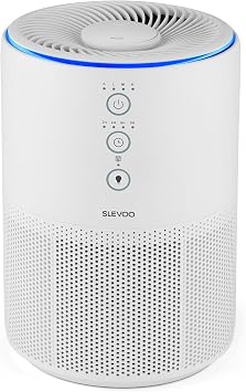 Air Purifier for Home & Bedroom, Quiet HEPA Filter for Smoke, Pet Dander, Odours with Fragrance Sponge & 4 Speed for Sleep, 4 × Replacement pre-filters for Bedroom Office, Blue Ambient Light (White)
