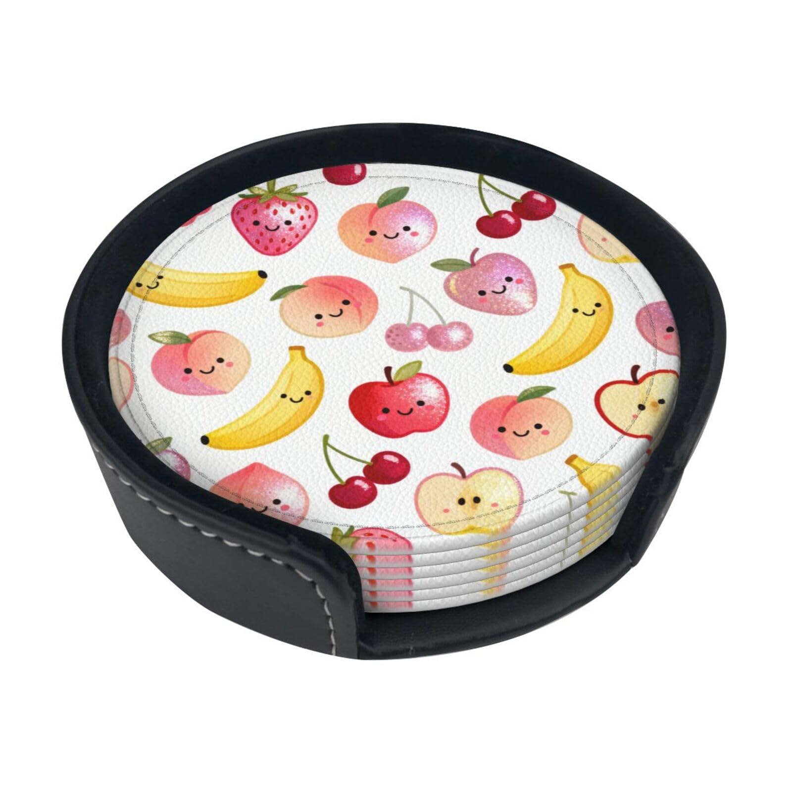 Cntdbu White Fruit Party Leather Coasters Set Of 6-Pu Leather Drink Mats For Table, Heat Resistant Round Coasters With Holder