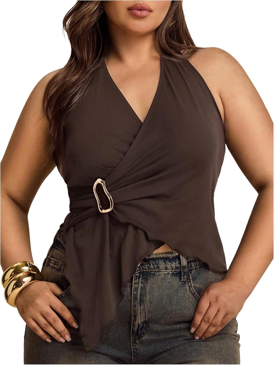 Floerns Women's Plus Size Metal Ring Wrap Halter Tops Sleeveless Asymmetrical Hem Y2k Going Out Tank Top