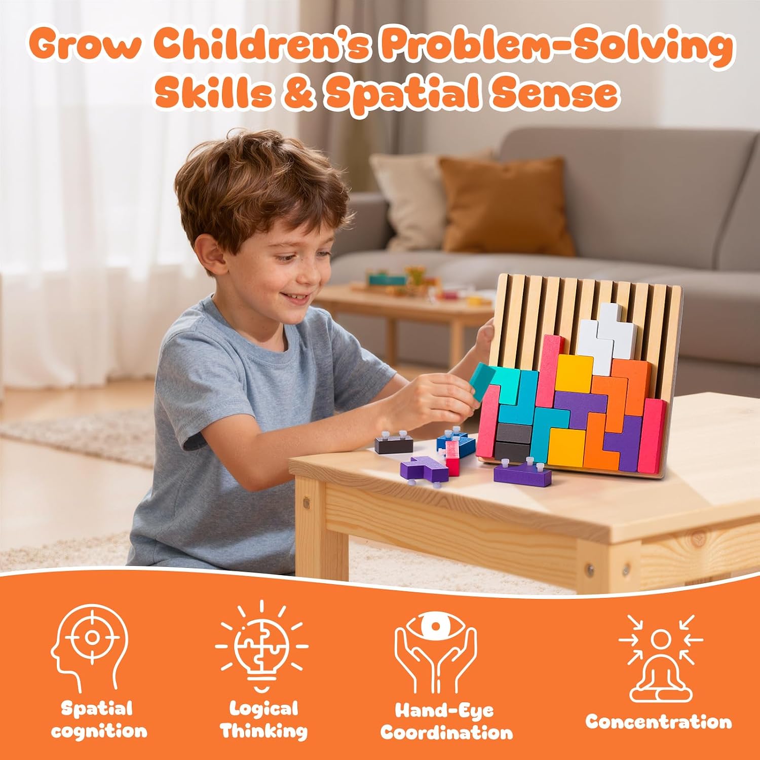 Wooden Colored 3D Russian Block Puzzle Travel Toy, Montessori Educational Gift for Kids Ages 3–6 with 28 Wood Blocks & Storage Bag, Wooden Stacking Puzzle Toy (Travel Size) image 5