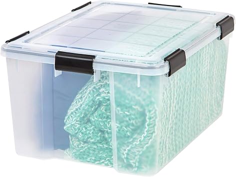 IRIS USA 4-Pack WeatherPro 62.8 Qt Clear Plastic Gasket Boxes with Latching Lids Weathertight Heavy Duty Stackable Storage Containers for Clothes, Food, Tools or Camping Gear