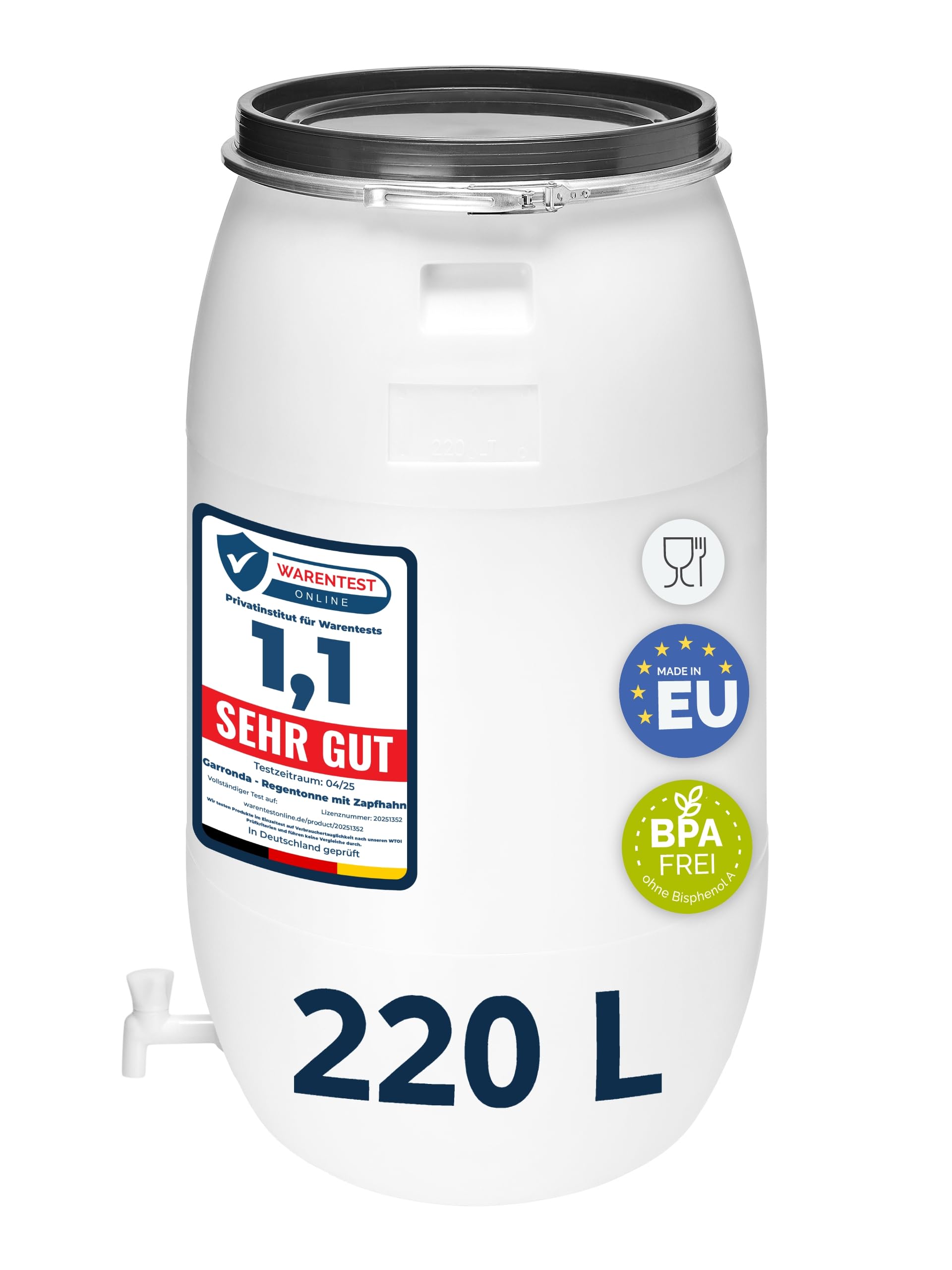 Garronda 220 Liter Regentonne mit Deckel mit Hahn Weithalsfass aus HDPE Regenfass für Garten Fass Regenwassertonne Futtertonne Wasserbehälter Universalfass Wasserfass Wassertank GD-0091 Weiß