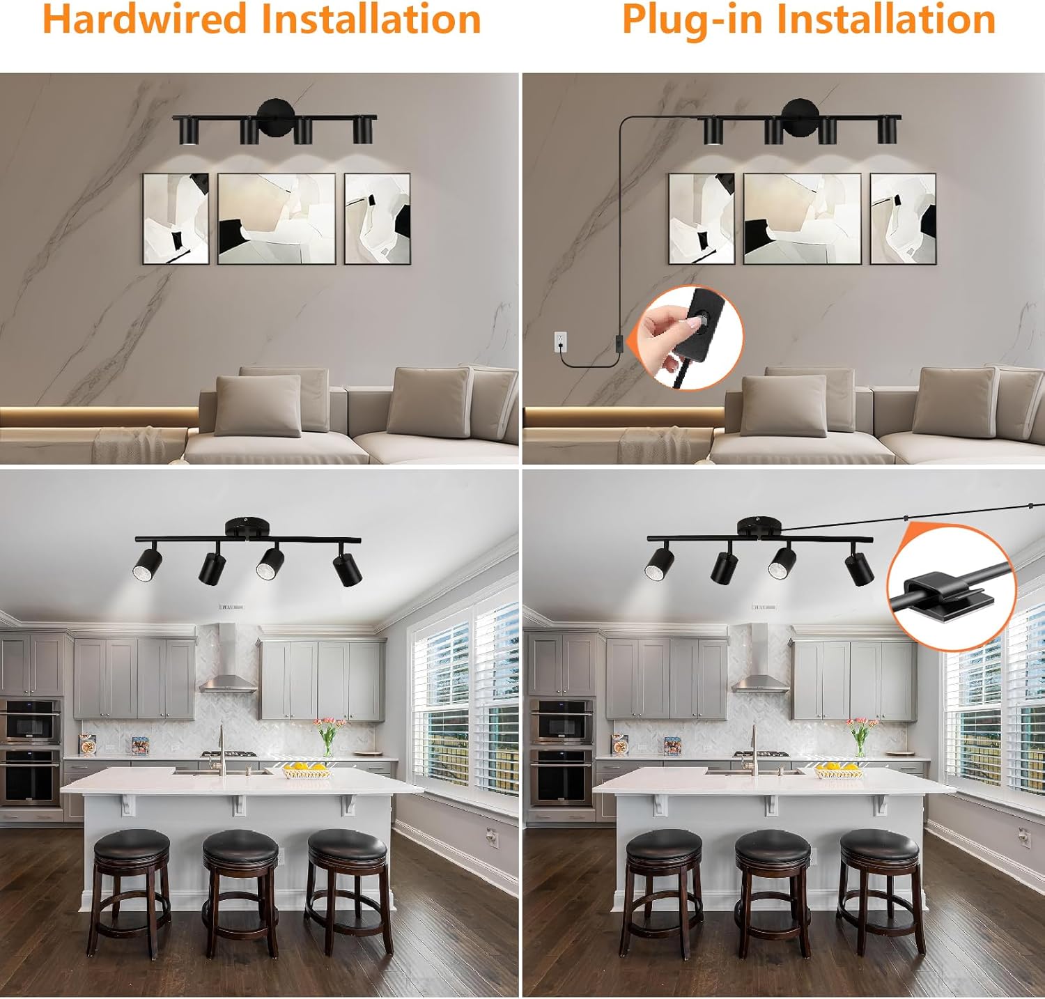 Plug in Track Lighting Kit, 80cm LED 4 Light Kitchen Track Lighting, Corded Wall Light with 16.4ft Cord, 4 Way Ceiling Spot Lighting Flexibly Rotatable Head Includes 4 x GU10 Bulb (4-Black-80cm)