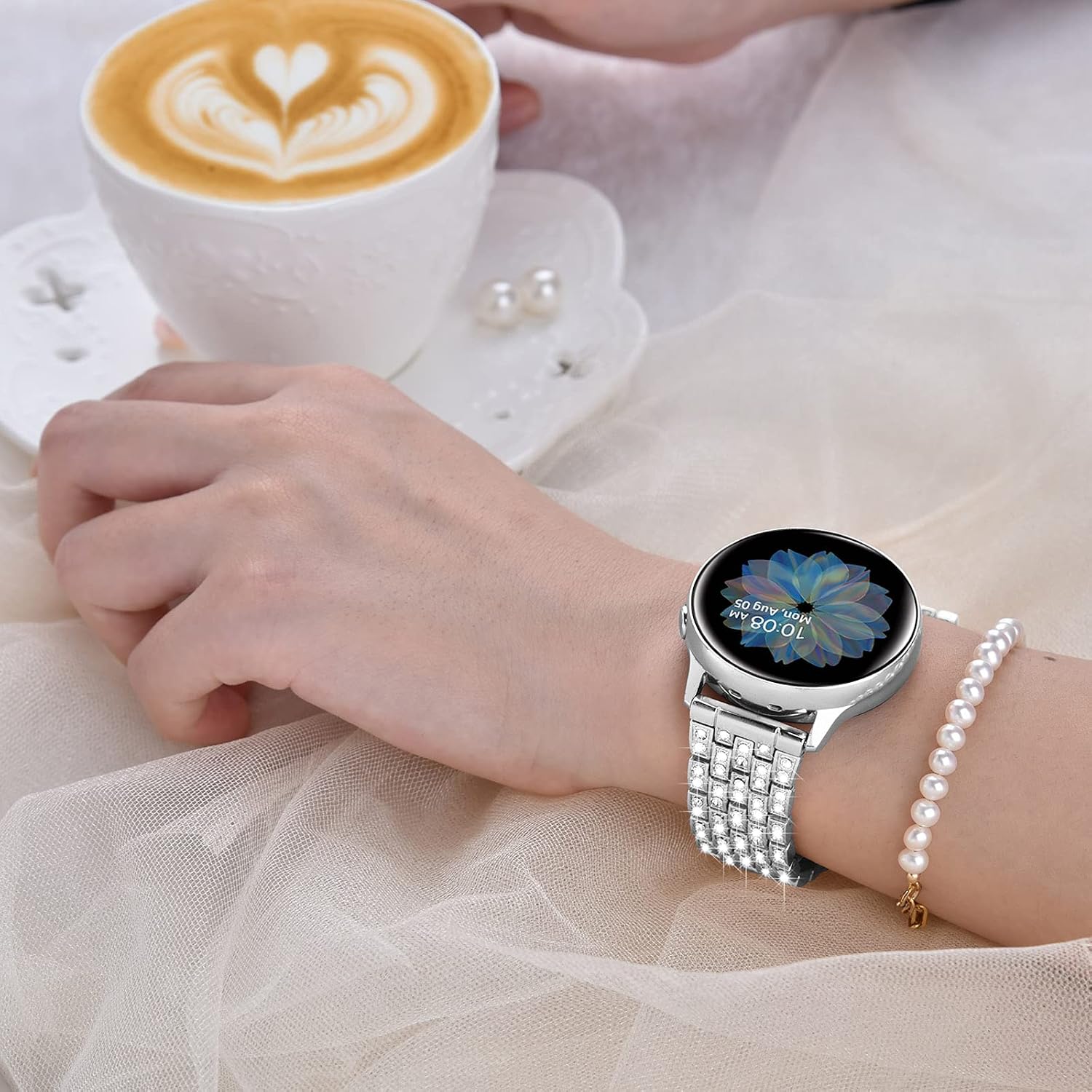 V-MORO Compatible with Galaxy Watch 5/4 Bands 40mm 44mm Jewelry Sparkling Diamond Metal Strap Wristband for Samsung Galaxy Watch4 classic(42/46mm) /Active2(40mm/44mm)/Galaxy Watch 42mm/Watch5 Pro 45mm