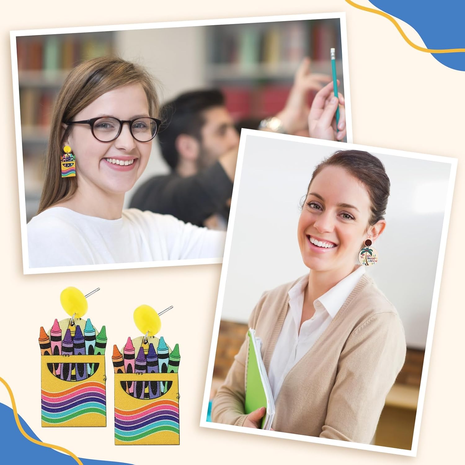 16 Pcs Eacher Gifts Fun Teacher Earrings Women Wooden Pencil Book Earrings Cute Stocking Stuffer for Women - Image 4