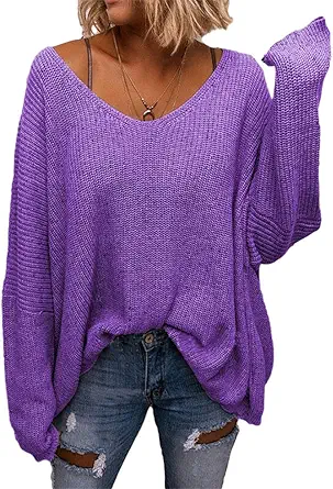 BZB Women's V Neck Long Sleeve Knit Loose Oversized Pullover Sweater