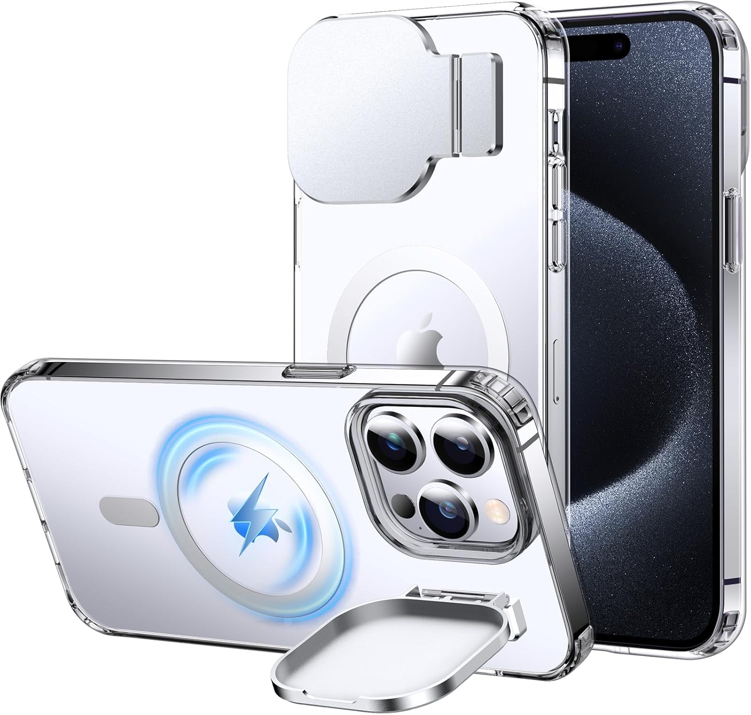Silverback for iPhone 15 Pro Max Case with Stand, MagSafe-Compatible Case with Built-in Camera Cover,Magnetic Phone Case Shockproof DustProof Cover for iPhone 15 Pro Max - Clear
