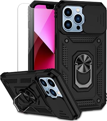 for iPhone 13 Pro Case with Camera Lens Cover HD Screen Protector, Dual Layer Military Grade Drop Protection Magnetic Ring Holder Kickstand Protective Phone Case for iPhone 13 Pro 6.1 inch Black