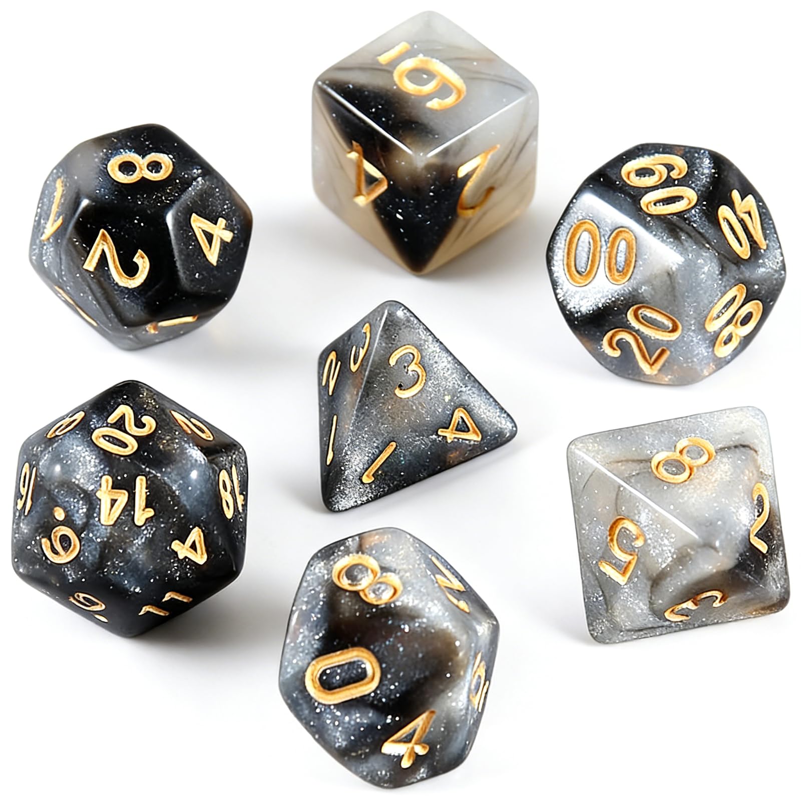 Juego 7 dados DND para Dungeon and Dragons, D&D, juegos rol, Pathfinder, juegos mesa - dados poliedros en tonos negros transparentes - combinación colores en negro, blanco y dorado