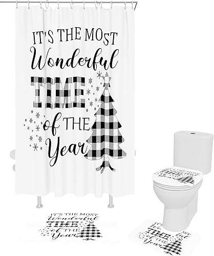 Miniatura 2 de Juego de 4 cortinas de ducha con alfombras antideslizantes, cubierta para tapa de inodoro, tapete de baño, búfalo blanco y negro, a cuadros, árbol
