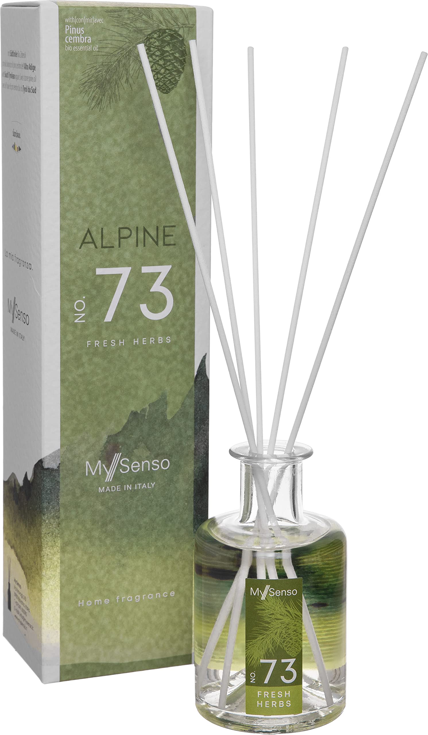 MySenso Alpine - N°73 Fresh Herbs - Diffusore a bastoncini con olio di pino cembro biologico - fragranza alpina per casa e ambiente - profumo fresco – confezione regalo elegante e sostenibile
