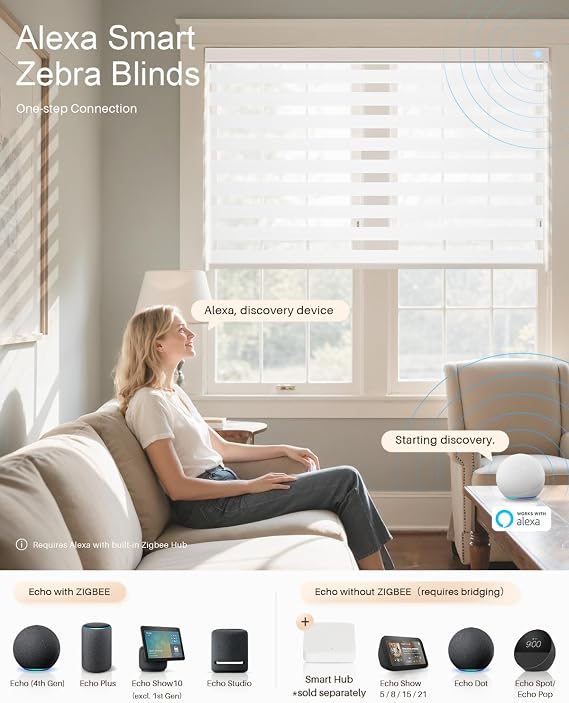 Smart Zebra Blinds for Windows, Alexa Electric Blinds with Remote Control, Automatic Blinds for Indoor Windows Light Filtering and Privacy Protection (85W x 183H CM, White)